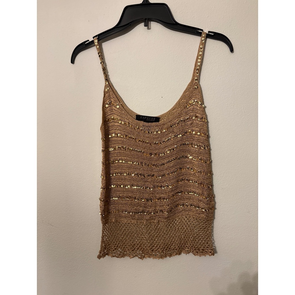 Express Knit Cami Women Large Gold Excellent Sequin Mesh Hem Metallic Tank Top